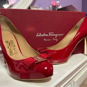 Salvatore Ferragamo Red Patent Leather Bow Heels